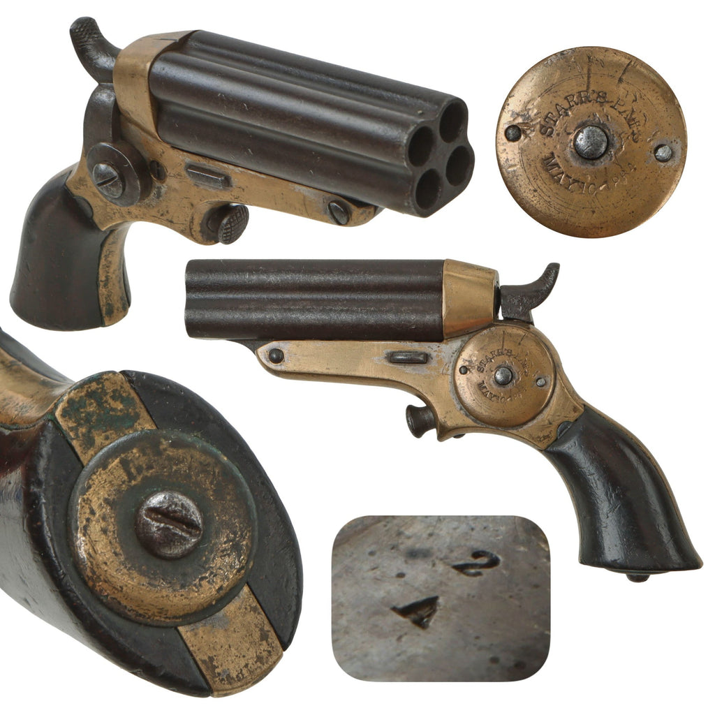 Original U.S. 19th Century Starr 1864 Patent .32 Rimfire 4 Barrel Tip Up Brass Frame Pepperbox Pistol - Matching Serial 2 A Original Items