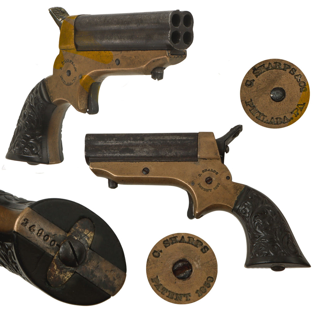 Original U.S. Sharps Model 1A .22 Rimfire 4 Barrel Brass Frame Pepperbox Pistol with Ornate Gutta Percha Grips and Case - Serial 24900 Original Items