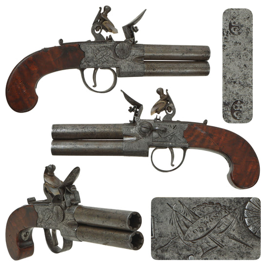 Original British Over and Under Flintlock Double Barrel Tap Action Pistol by John Bass of London - circa 1790 Original Items