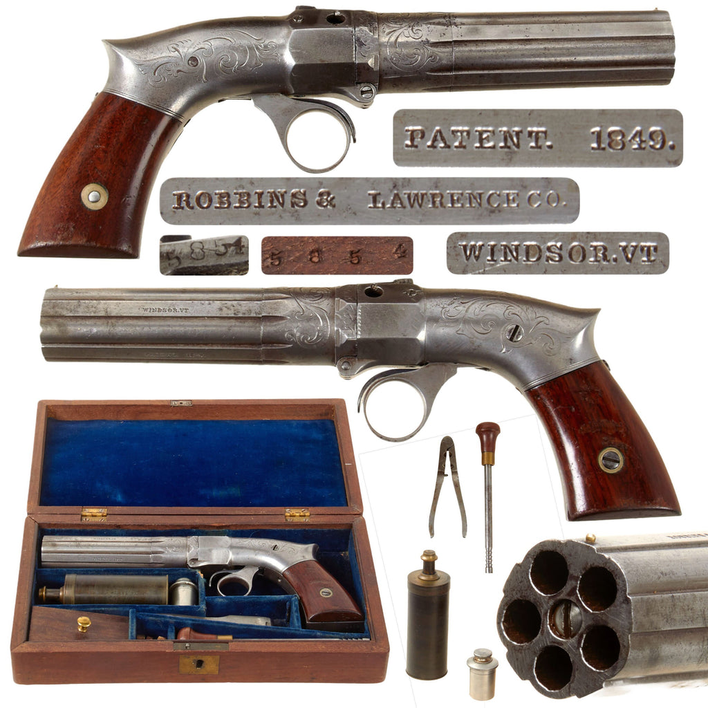 Original Rare U.S. Robbins & Lawrence 1849 Patent .31 cal Percussion Pepperbox Revolver with Case and Accessories - Serial 5854 Original Items
