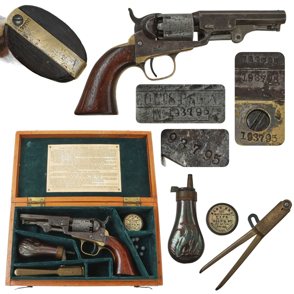 Original U.S. Civil War Colt M1849 Pocket Percussion 4" Barrel Revolver Made in 1861 with Replica Case & Accessories - Matching Serial 193795 Original Items