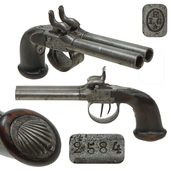 Original Victorian Era Belgian Double Barreled Percussion Pistol with Engraved Frame Serial 2584 - Circa 1840 Original Items