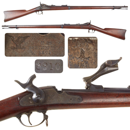 Original U.S. First Year Production Springfield Trapdoor Model 1873 Rifle Made in 1874 with Early 2 Notch Tumbler, Long Wrist, Rear Sight, and Cleaning Rod - Serial 8810 Original Items