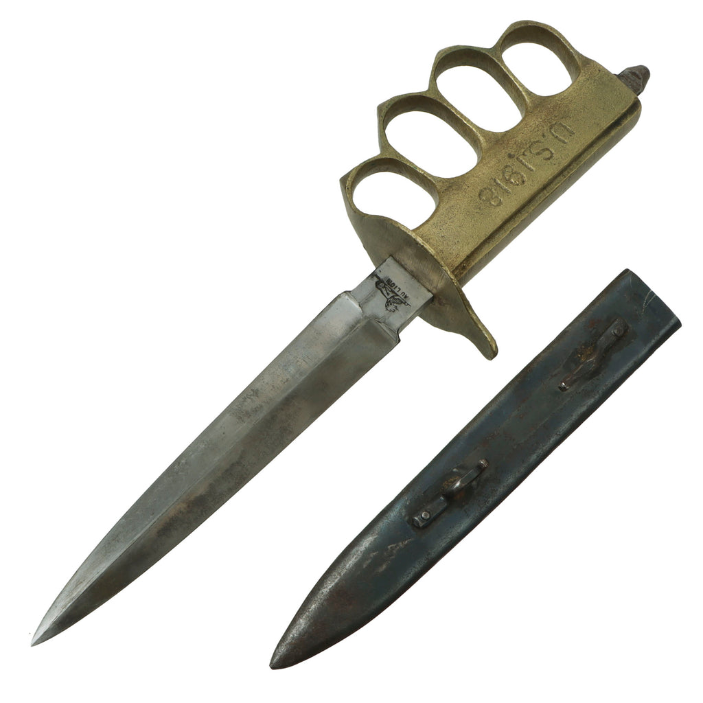 Original U.S. WWI Model 1918 French Made Mark I Trench Knife by AU LION with Correct Steel Scabbard - Excellent Original Items