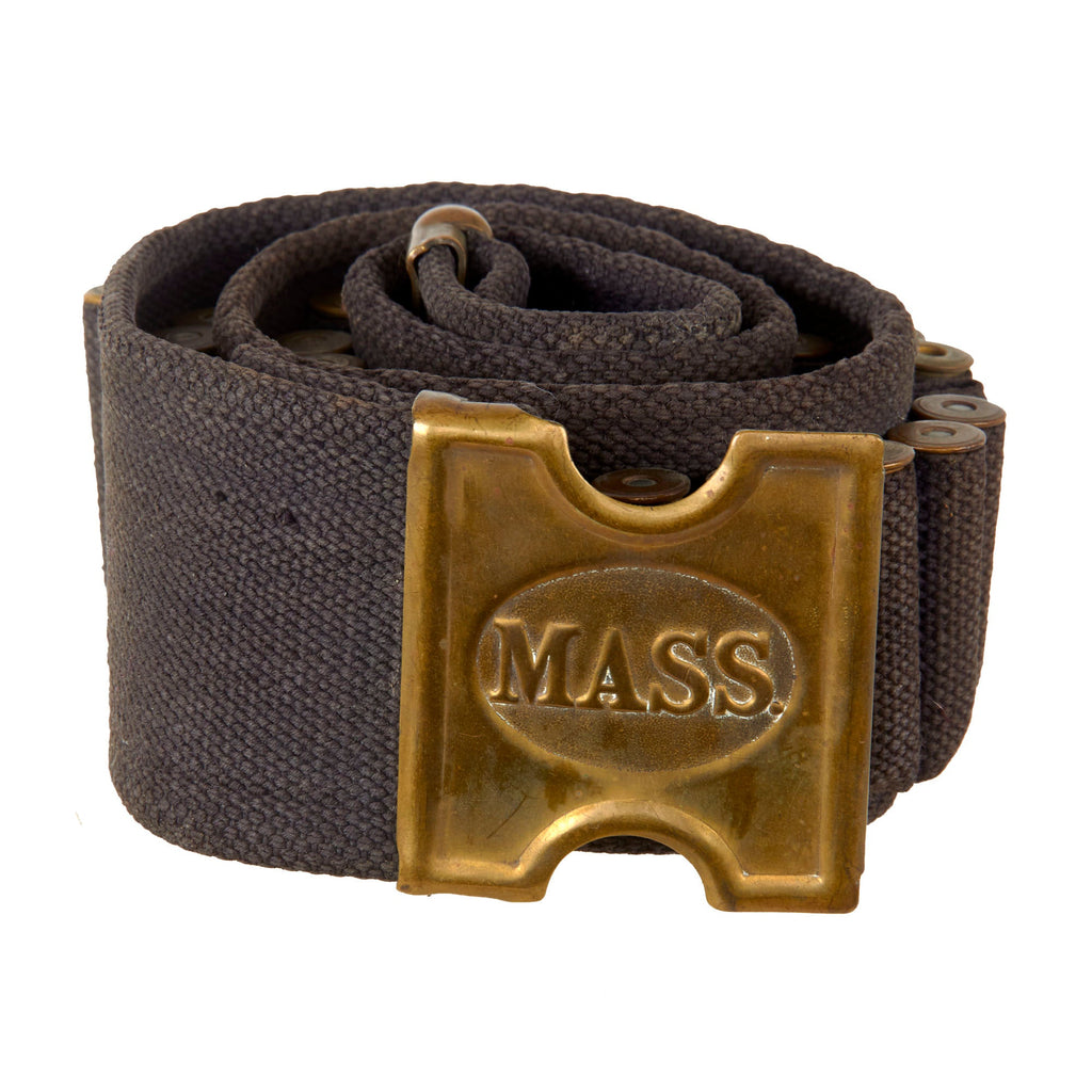 Original U.S. Spanish American War Blue Massachusetts National Guard MASS .45-70 Ammunition Belt by Mills with Thirty-Nine Shell Casings Original Items