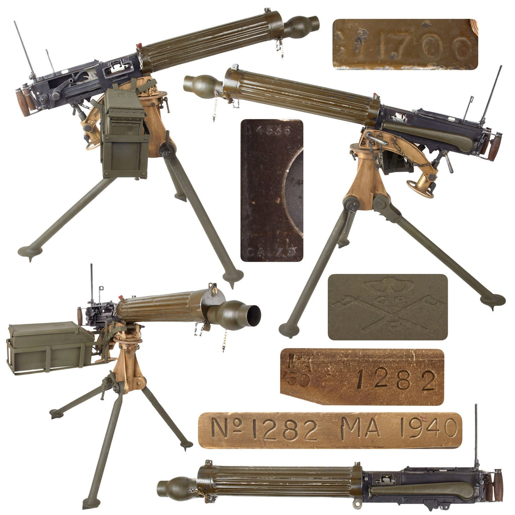 Original British WWI Vickers 9mm Turkish Contract Fluted Display Medium Machine Gun Serial C11700 with 1940 Dated Tripod, Ammo Box, and Carrier Original Items