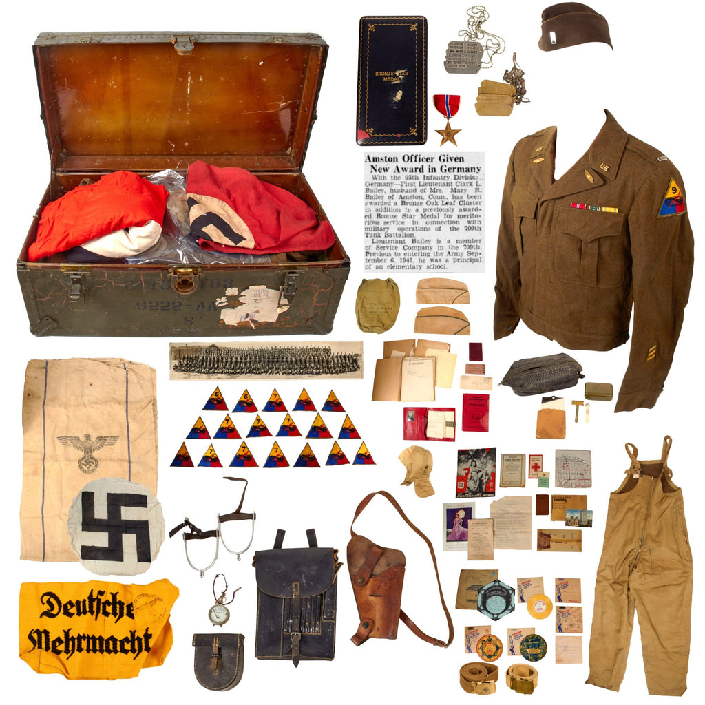 Original U.S. WWII 709th Tank Battalion Officer’s Trunk Grouping with Uniform, Bronze Star, and Captured German Souvenirs - Lieutenant Clark L. Bailey, Service Company Original Items
