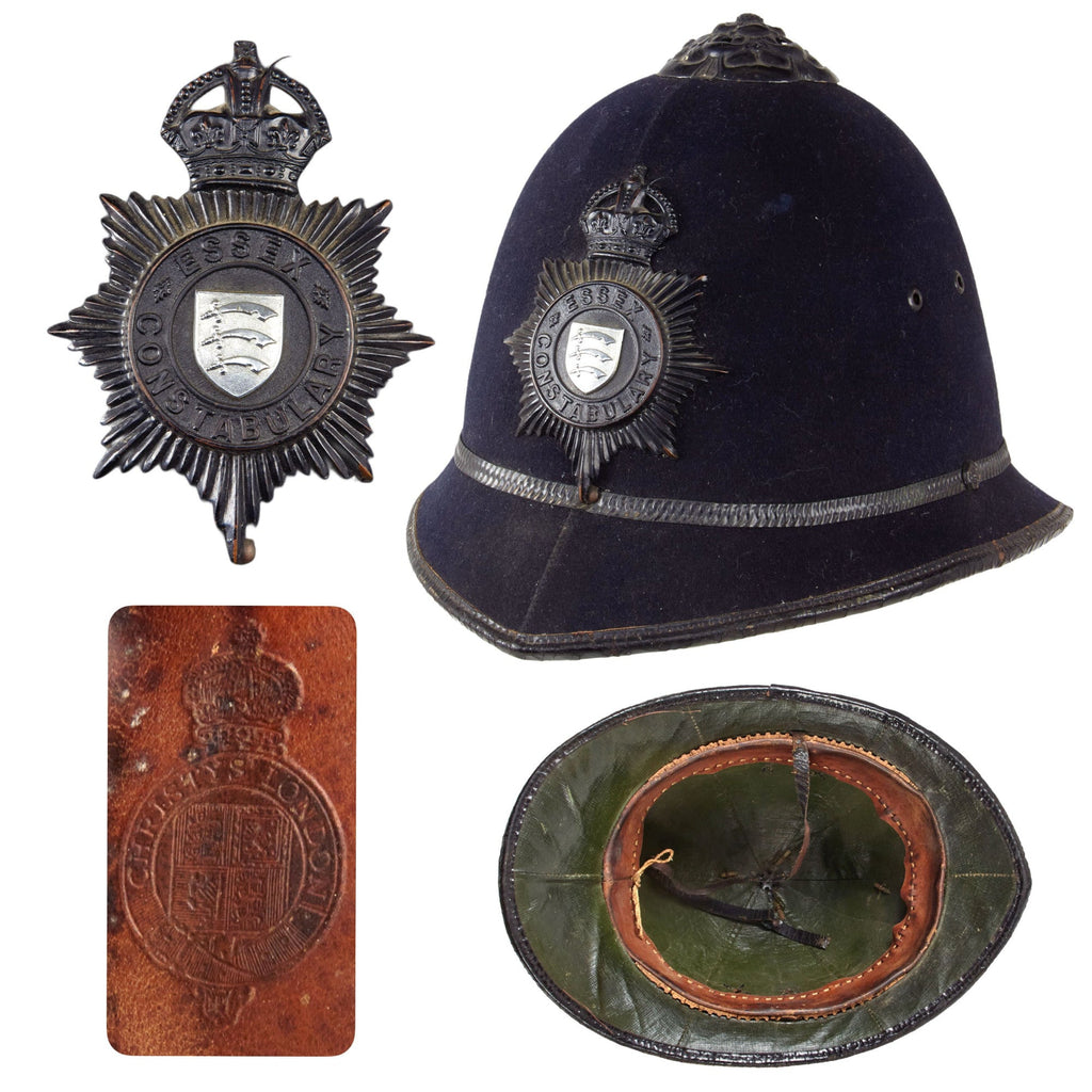 Original British WWII King’s Crown “Rosetop” Essex Constabulary “Blackout” Bobby Police Helmet Christy’s of London - Size 7 1/8 Original Items