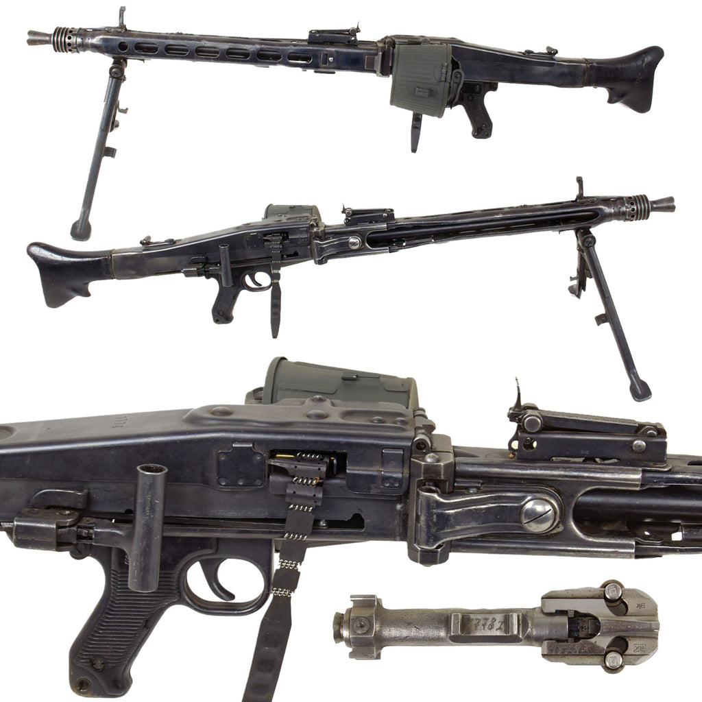 Original German WWII MG 42 Display Machine Gun with Live Barrel and Basket Belt Carrier Original Items