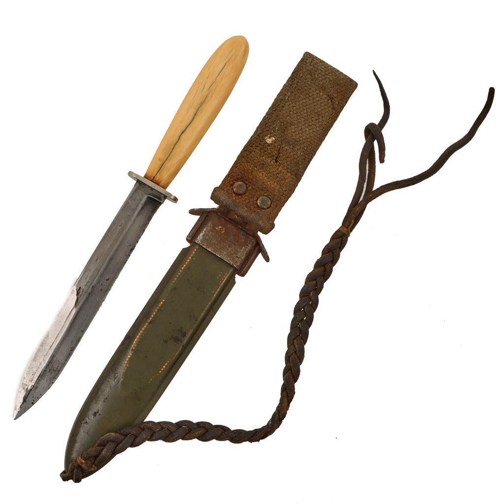 Original U.S. WWII Theater-Modified M3 Fighting Knife with Ivory Handle & Crest of Lille, France - Updated M8 Scabbard Original Items
