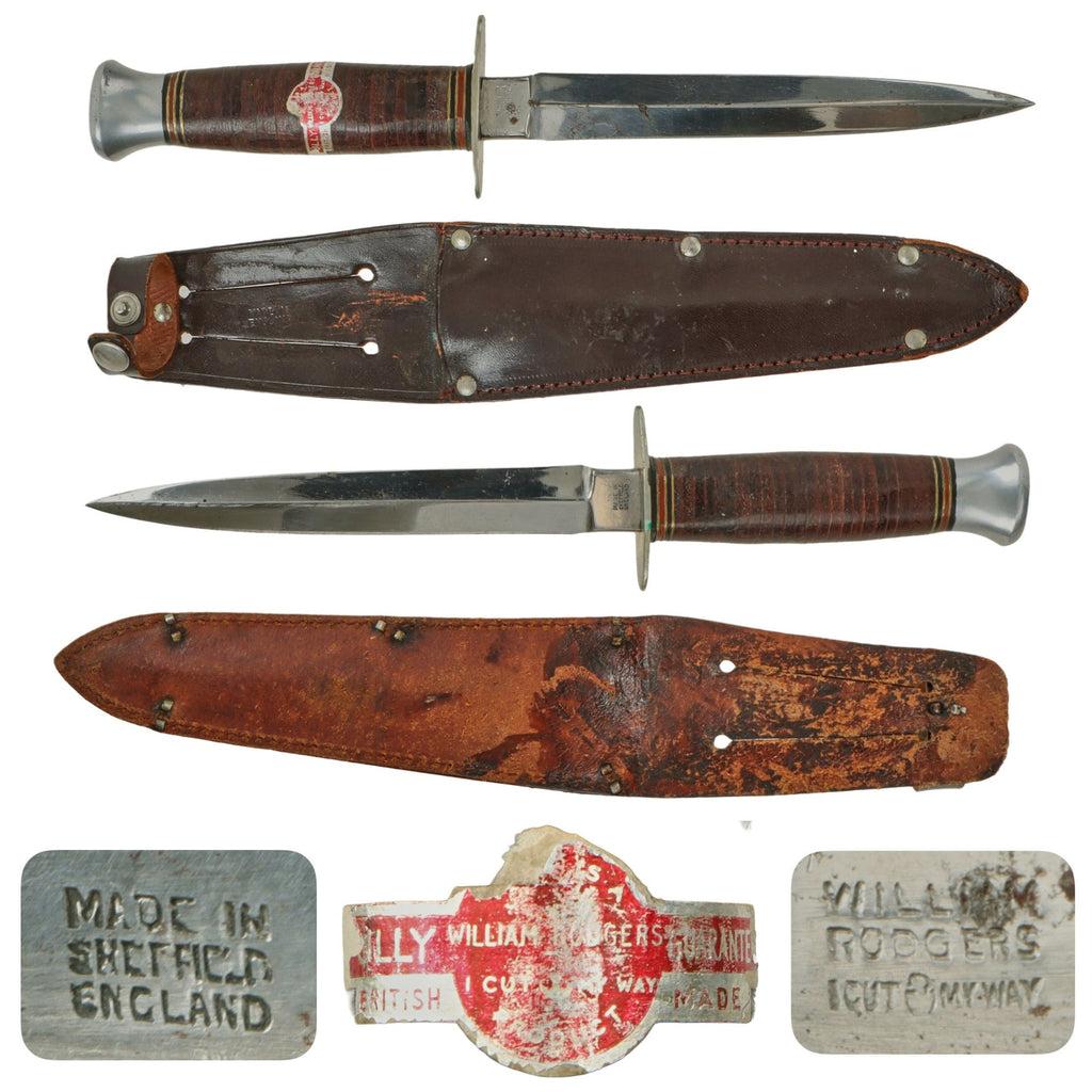 Original British WWII Commercial Commando Dagger by William Rodgers with Original Label and Leather Belt Sheath - Favored by RAF Commandos Original Items