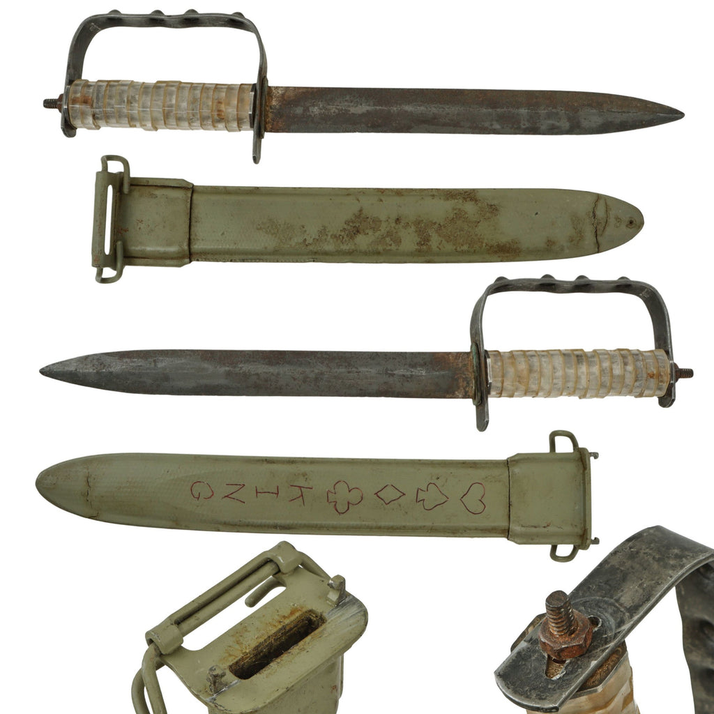Original U.S. WWII Theater-Made Fighting Knife with OSS Drop Knife Guard, Coin Spacers, and M1 Scabbard - Named Original Items