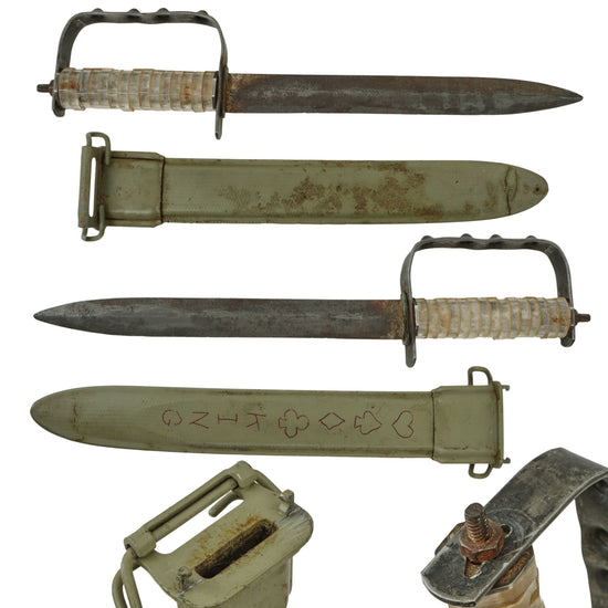 Original U.S. WWII Theater-Made Fighting Knife with OSS Drop Knife Guard, Coin Spacers, and M1 Scabbard - Named Original Items