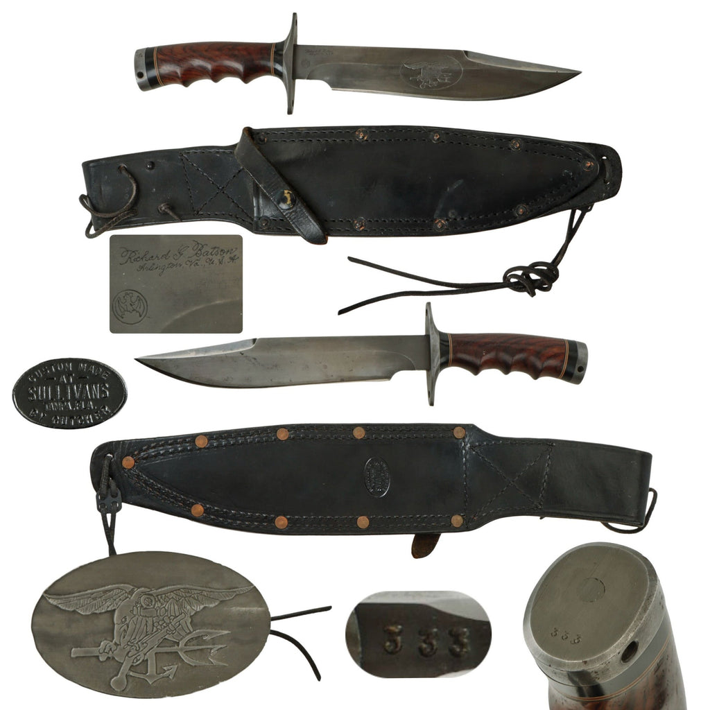 Original U.S. Vietnam War - 1980s Navy Seal Richard Batson Large Size Ranger Fighting Knife Serial 301 in Correct Leather Sheath by Gutcher - Believed to be One of 28 made for Special Seal Team Original Items