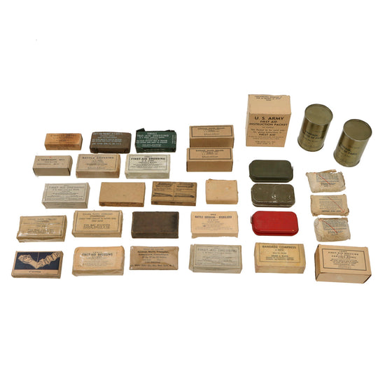 Original U.S. WWII Combat Medic Bandage Lot with Carlisle Bandages & Tourniquets, Iodine Swabs, and More - 31 Items Total Original Items