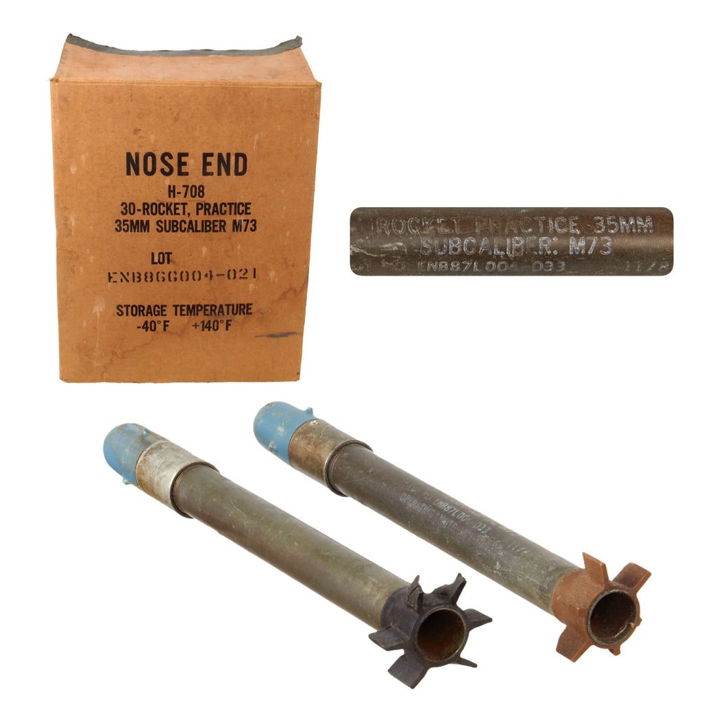 Original U.S. Vietnam War Inert M72 Light Anti-Armor Weapon “LAW” 35mm M190 Subcaliber Trainer Rockets with Original Packing Box - 2 Rockets Total Original Items