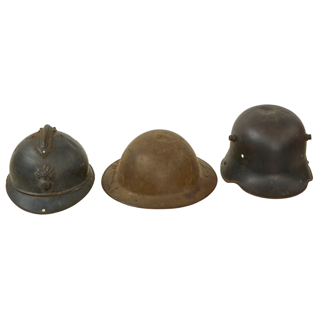 Original German French & U.S. WWI Helmet Lot - Stahlhelm, Adrian, and British-Made Mk. I Brodie Helmet - Lot of 3 Original Items
