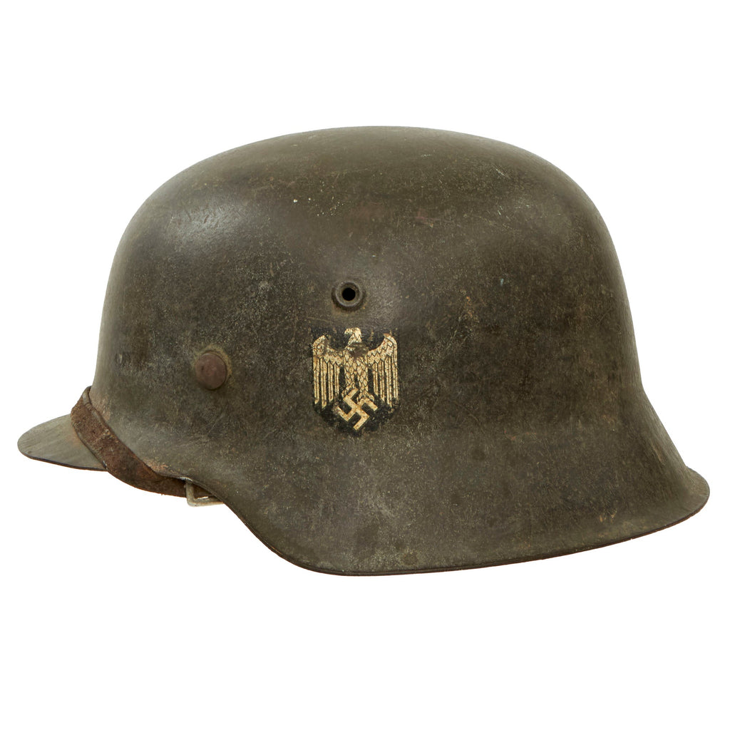 Original German WWII M42 Single Decal Army Heer Helmet with 56cm Liner & Chinstrap - Stamped ET66 Original Items