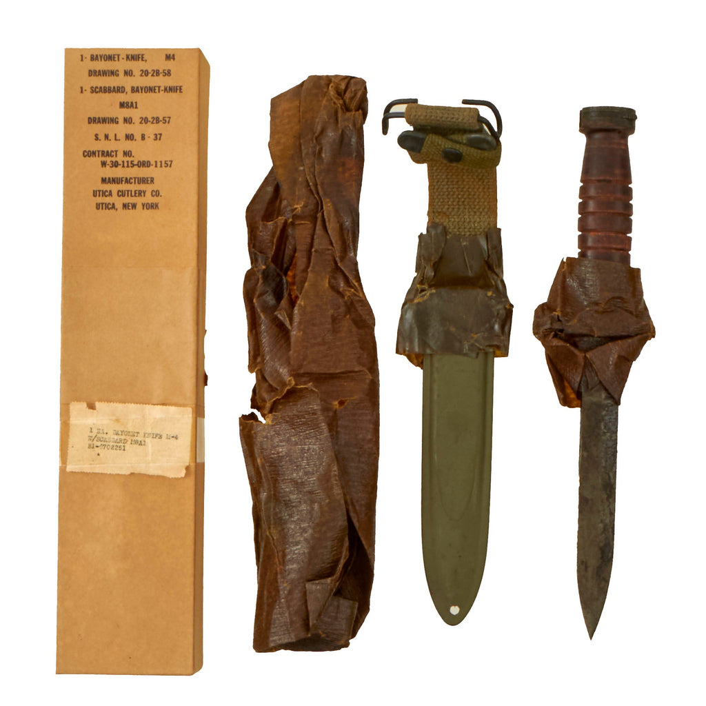 Original U.S. WWII Unissued M4 Bayonet by Utica Cutlery for the M1 Carbine with M8A1 Scabbard Wrapped in Original Box Original Items