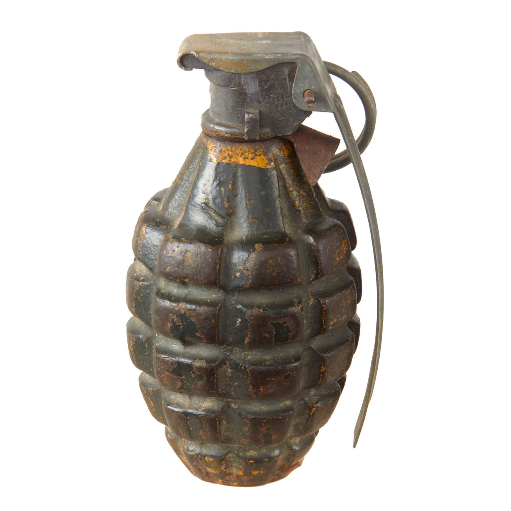Original U.S. WWII Inert MkII Pineapple Grenade with Underlying Yellow Paint & M10A2 Fuze