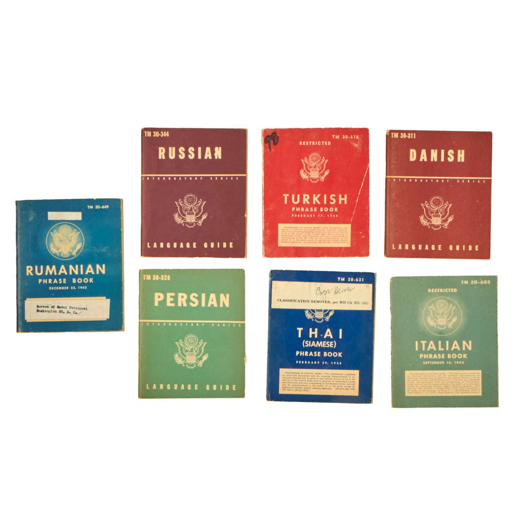 Original U.S. WWII Foreign Language Phrase Book Lot - Italian, Rumanian, Persian, Russian, Thai, Turkish, & Danish - Lot of 7 Original Items