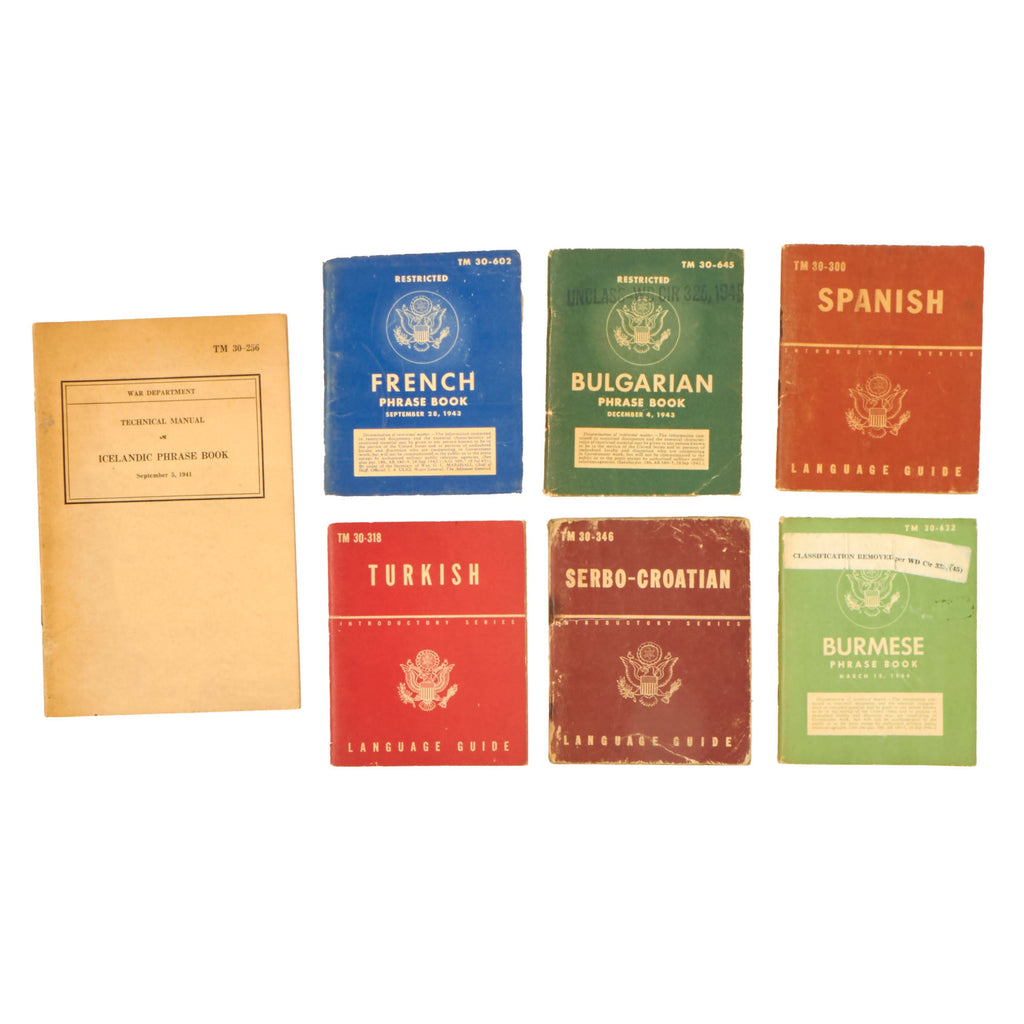 Original U.S. WWII Foreign Language Phrase Book Lot - Burmese, Spanish, Bulgarian, French, Serbo-Croation, Turkish, & Icelandic- Lot of 7 Original Items