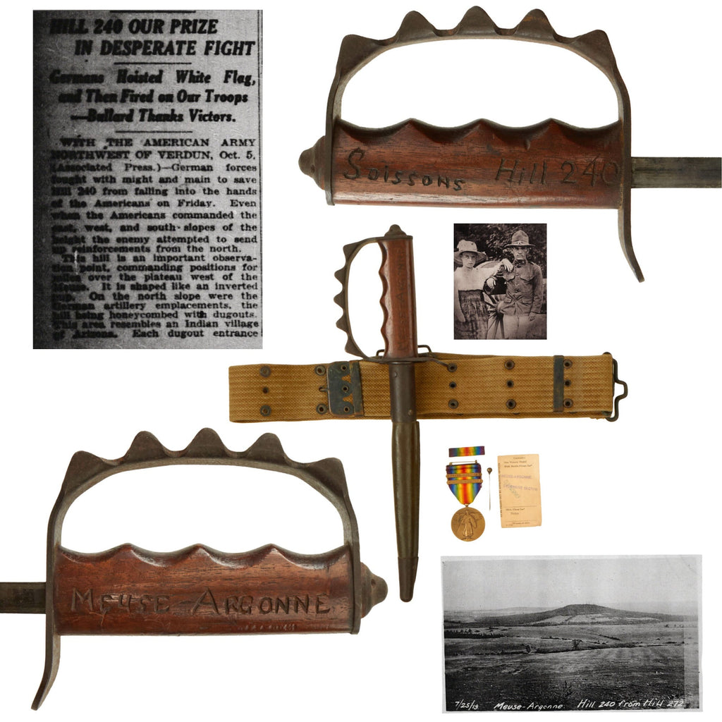Original U.S. WWI “Hill 240” Death Valley Battle-Carved M1917 Knuckle Duster Trench Knife by American Cutlery Co. with Pistol Belt & Victory Medal - Meuse-Argonne & Soissons Original Items