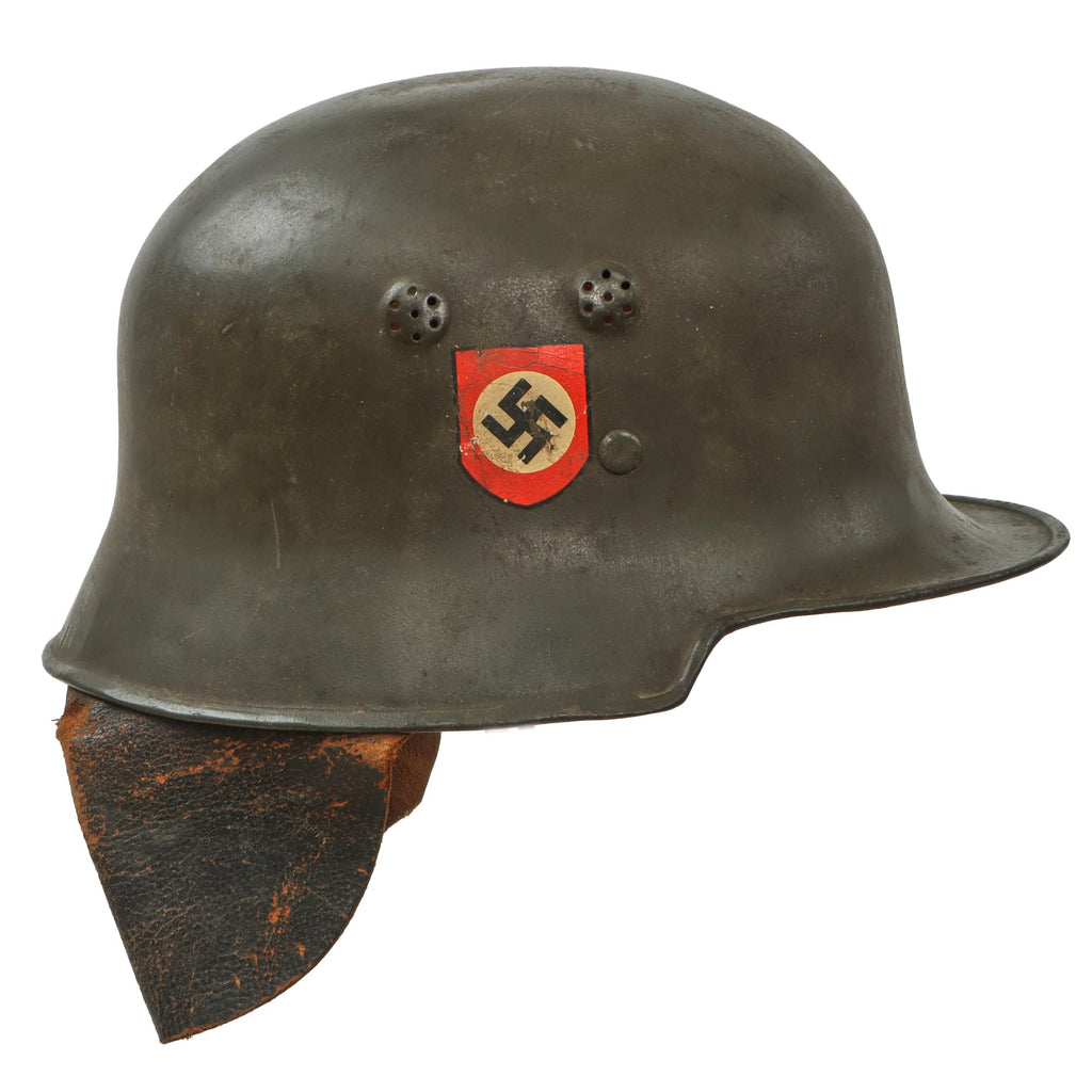 Original German WWII Early Green Finished M34 Square Dip Fire Police Helmet with Rare Leather Neck Shield - Feuerwehr Original Items