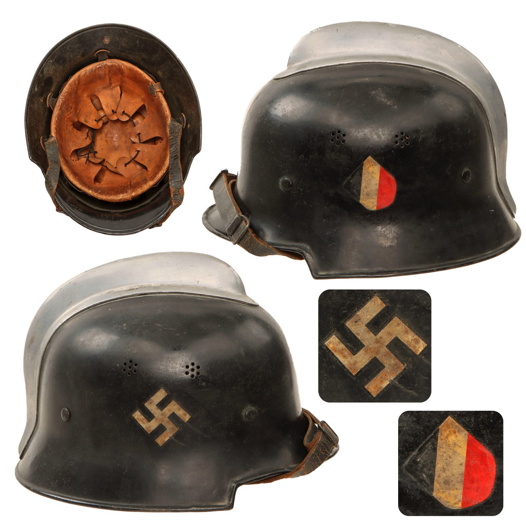 Original German Pre-WWII M34 Square Dip Early Style Fire Police Helmet with Double Decals and Aluminum Comb Original Items