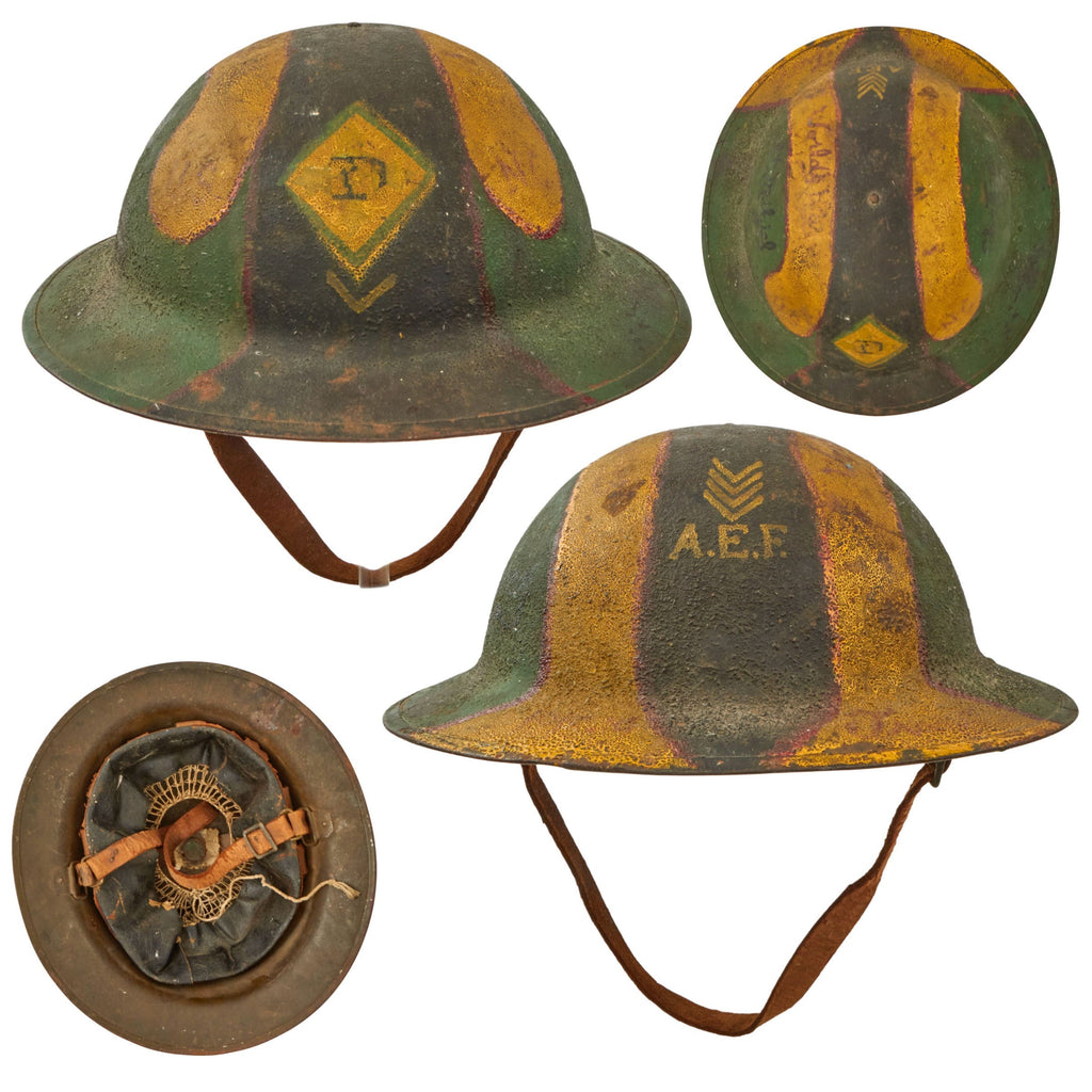 Original U.S. WWI 26th Yankee Division Camouflage-Painted M1917 Helmet with Battle Names & Faded Name - Full Liner & Chinstrap Original Items