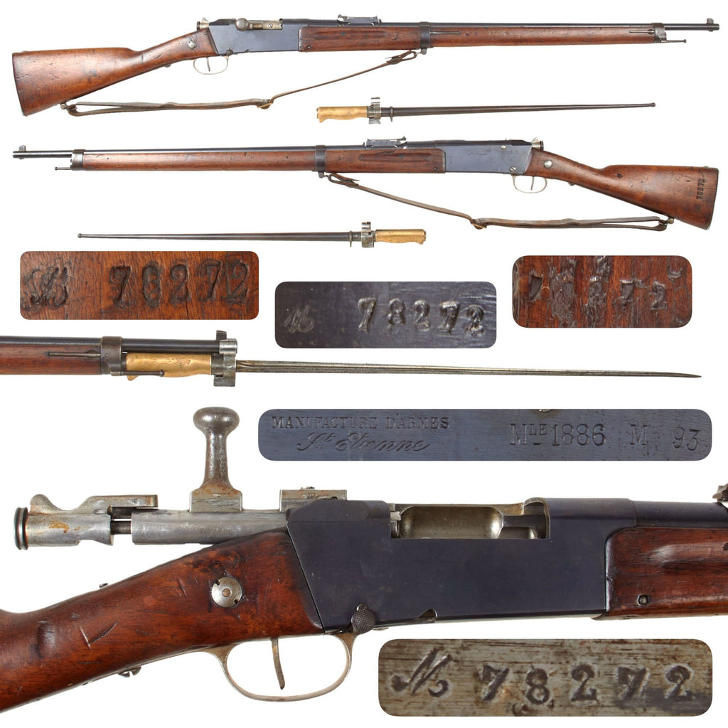Original Antique French Lebel Fusil Modèle 1886 M93 Infantry Rifle by St. Étienne Dated 1889 with Bayonet & Sling - Serial M 78272 Original Items