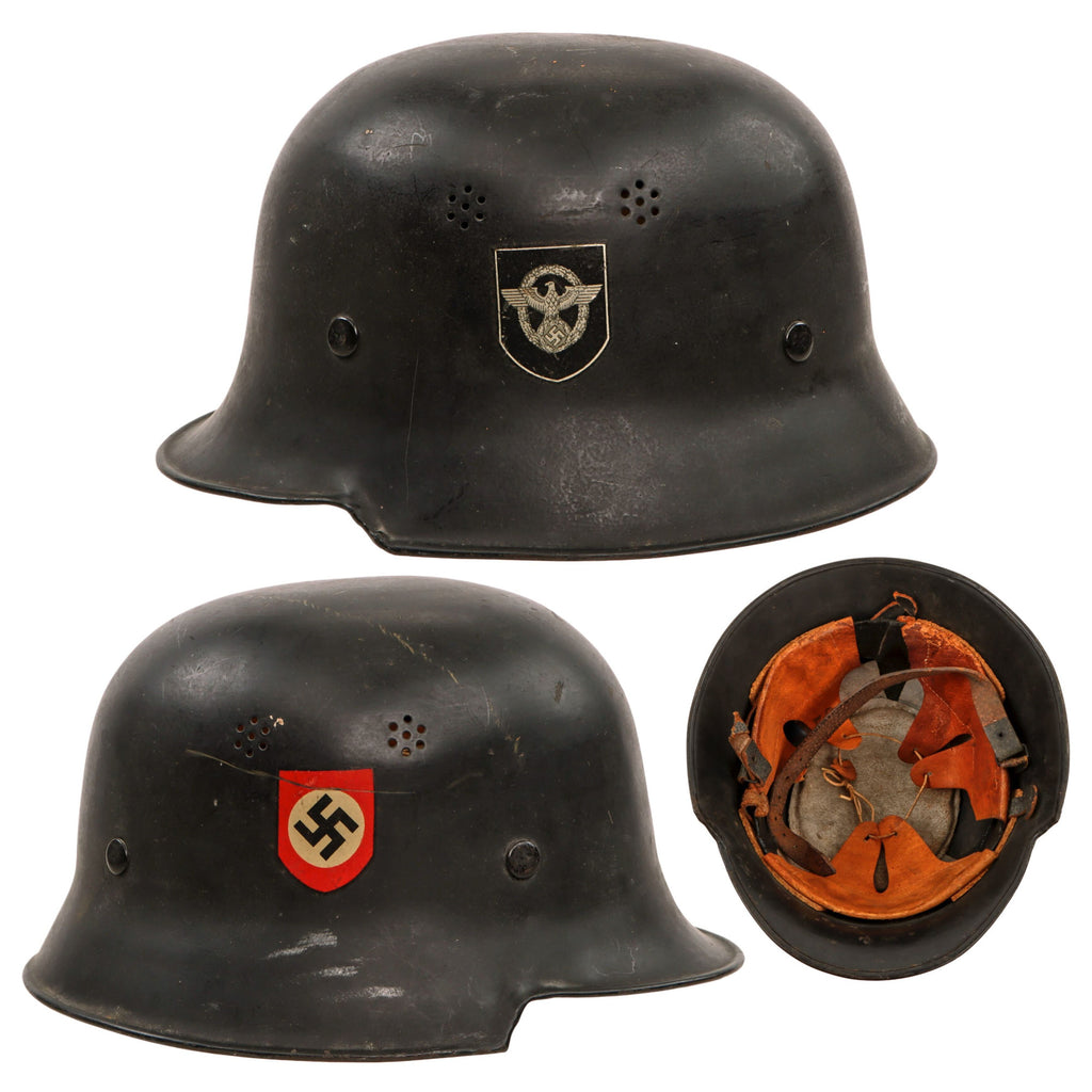 Original German WWII M34 Civic Square Dip NSDAP Double Decal Police Steel Helmet with 56cm Liner and Broken Chinstrap - Ordnungspolizei