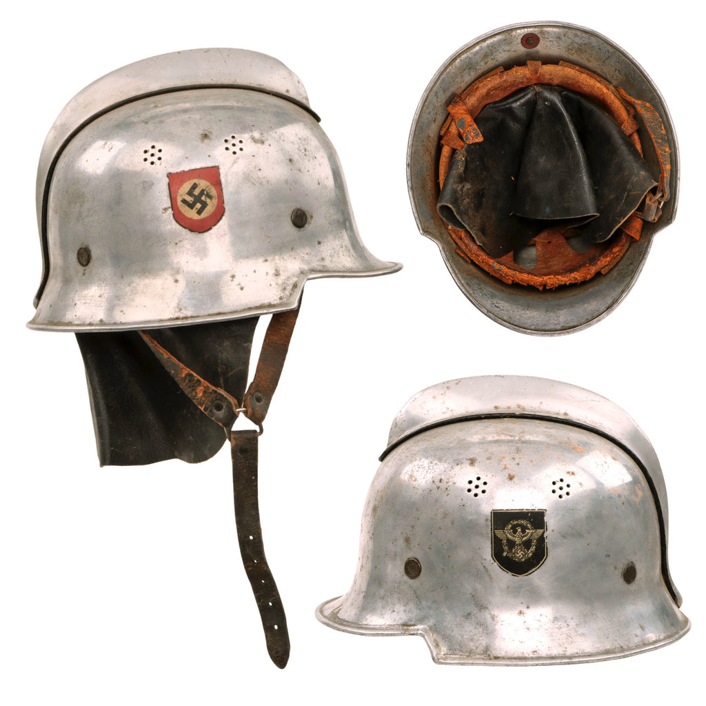 Original German WWII M34 Civic Square Dip Bright Aluminum Fire Police Helmet in 55cm with Double Decals and Neck Shield - Feuerwehr Helmet Original Items