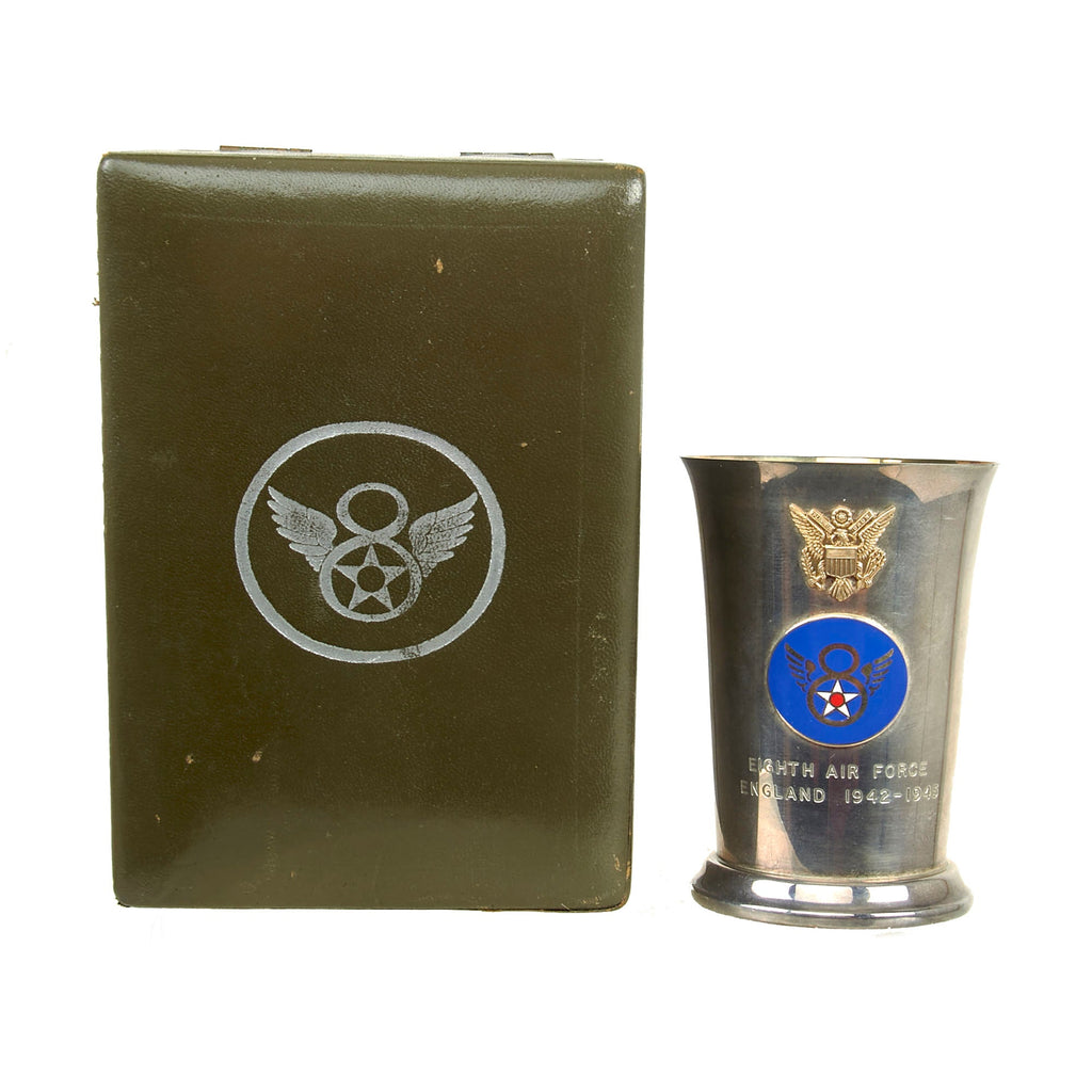 Original U.S. WWII 8th Air Force Silver Presentation Cup with British Hallmarks for 1943 in Original Embossed Silk & Velvet Lined Case Original Items