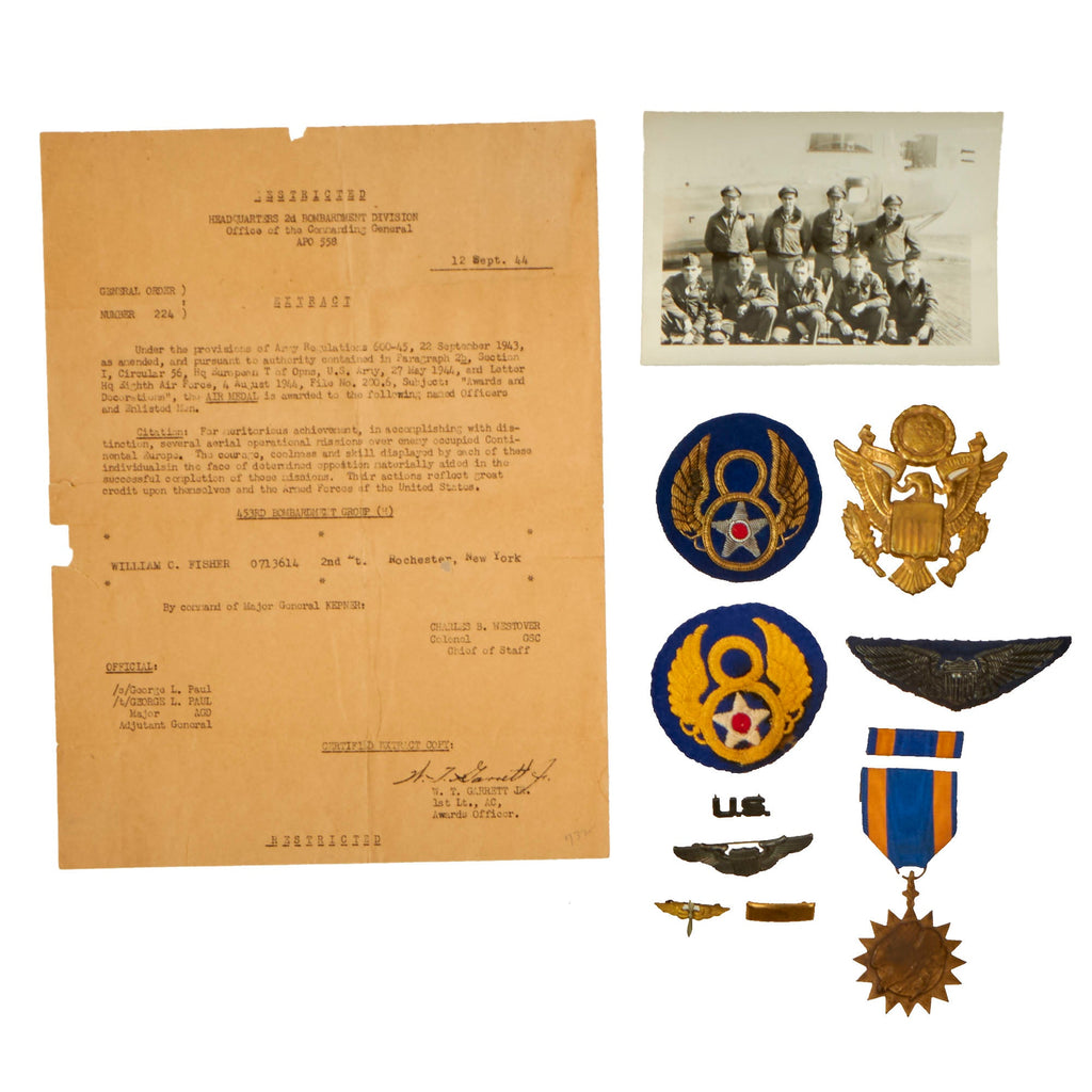Original U.S. WWII 453rd BG 8th Air Force Air Medal Citation & Insignia Grouping - Lieutenant William C. Fisher Original Items