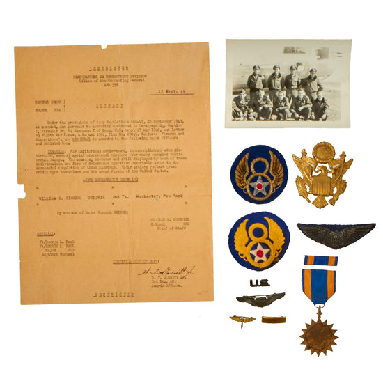Original U.S. WWII 453rd BG 8th Air Force Air Medal Citation & Insignia Grouping - Lieutenant William C. Fisher Original Items