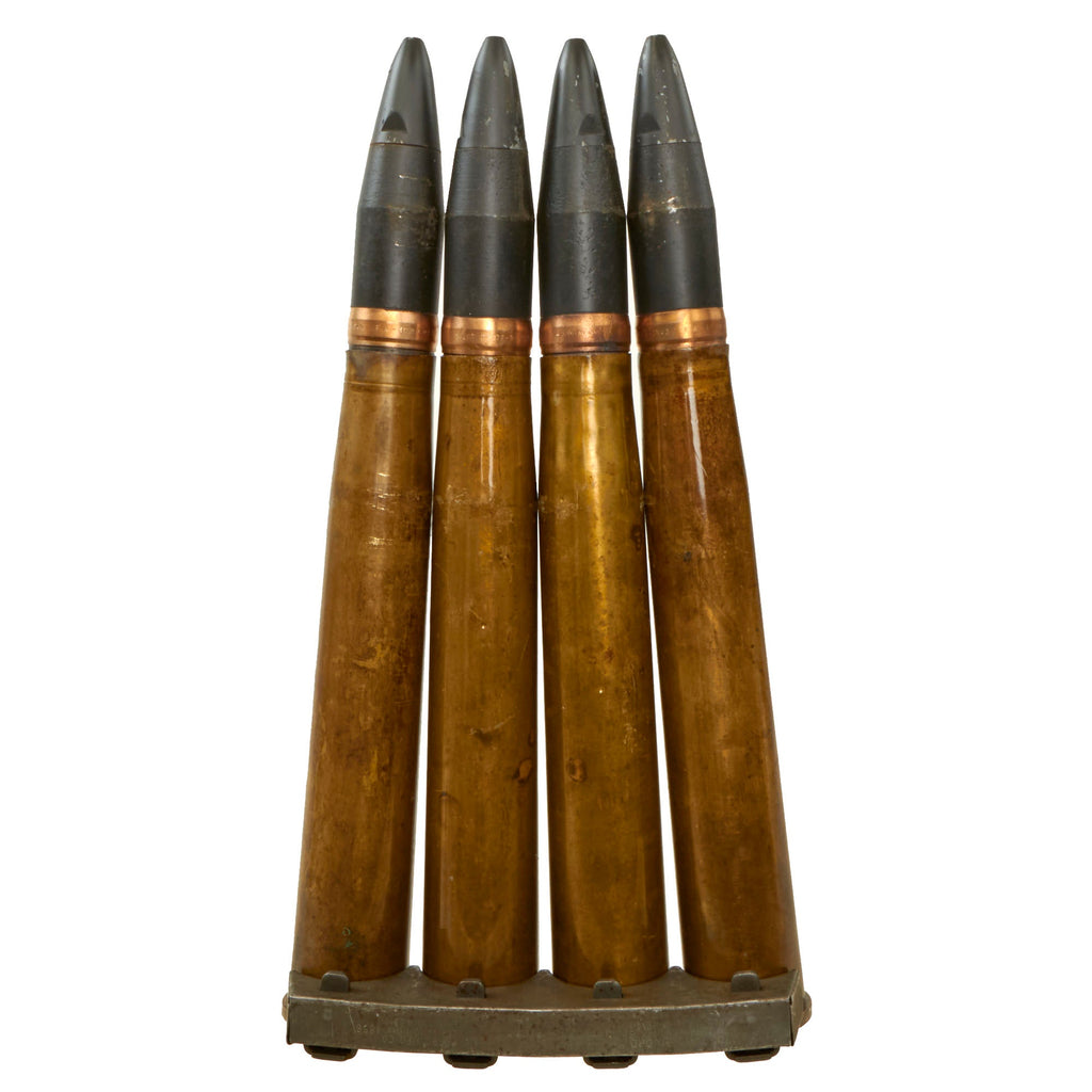 Original U.S. WWII Set of Four 1943 Dated 40mm Bofors Gun Rounds with 1944 Dated Clip - Inert Original Items