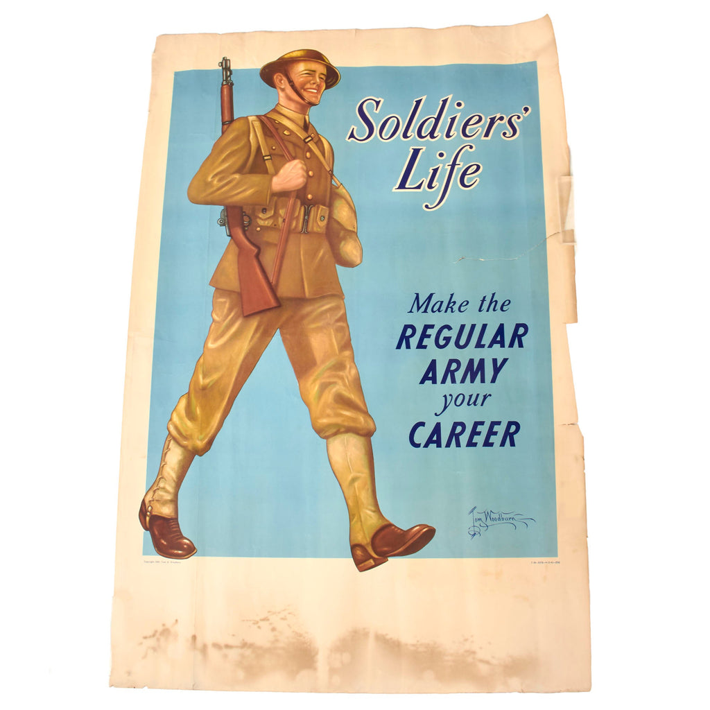 Original U.S. Pre-WWII Rare “Soldier’s Life” Regular Army Recruitment Poster Dated April 1941 - Heavy Damage - 25 x 38” Original Items