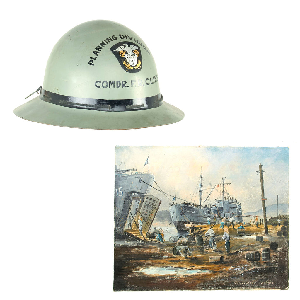 Original U.S. Korean War Navy Commander’s Painted Planning Division Helmet with Painting of Ulsan 1951 - Commander Ford Robert Cline - 15 x 18” Original Items