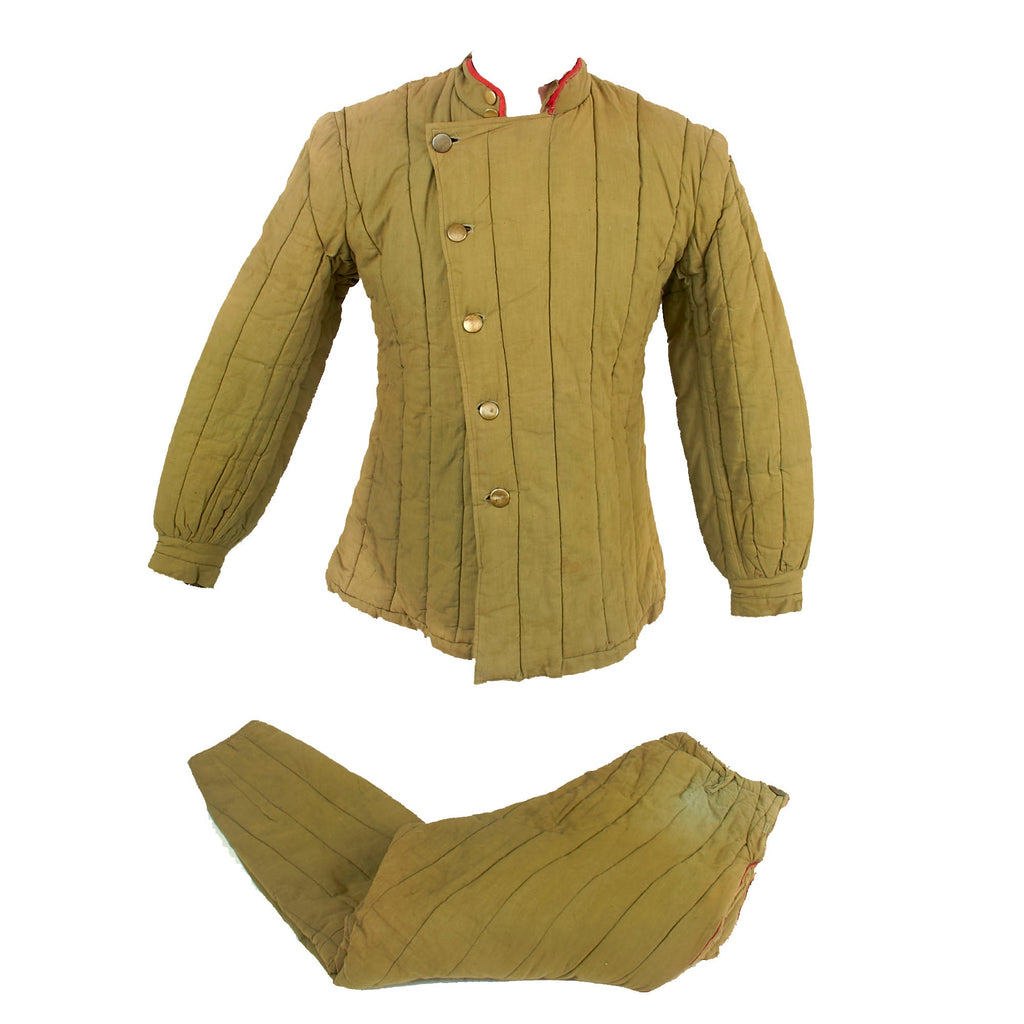 Original Chinese Korean War Chinese Officer’s Winter Padded Double-Breasted Uniform Coat with Red Piping and Inseam-Piped Trousers - Scarce Set Original Items