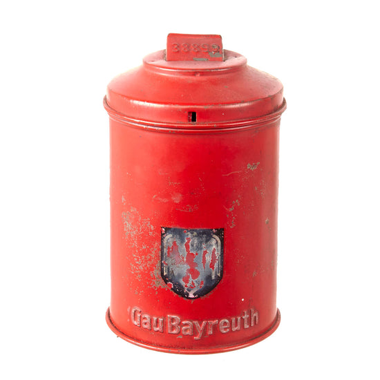 Original German WWII WHW Gau Bayreuth Donation Can by Westermann & Co Neheim-Ruhr with Helmet Decal - Dated 1943 Original Items