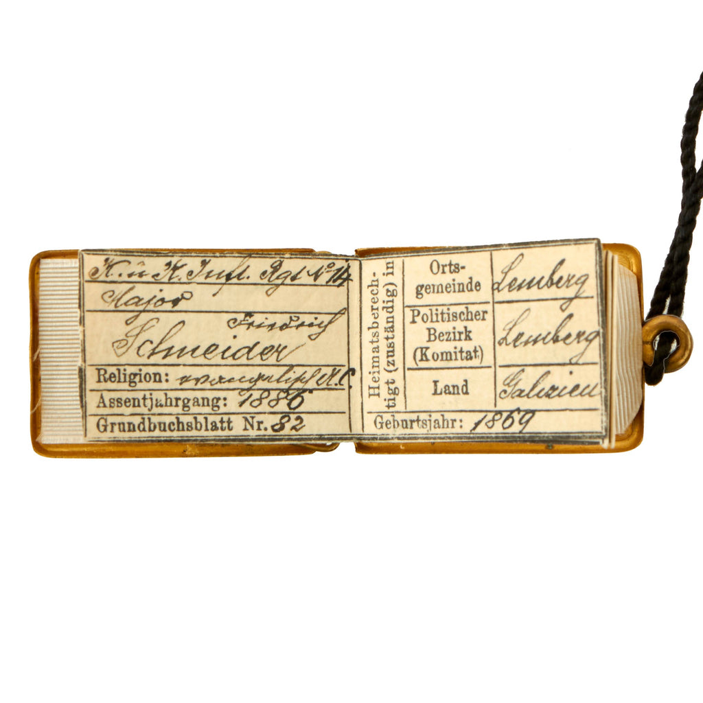 Original Austro-Hungarian WWI Scarce Officer’s Gilt Identification Dog Tag Capsule with String - Major Schneider, 14th Infantry Regiment Original Items