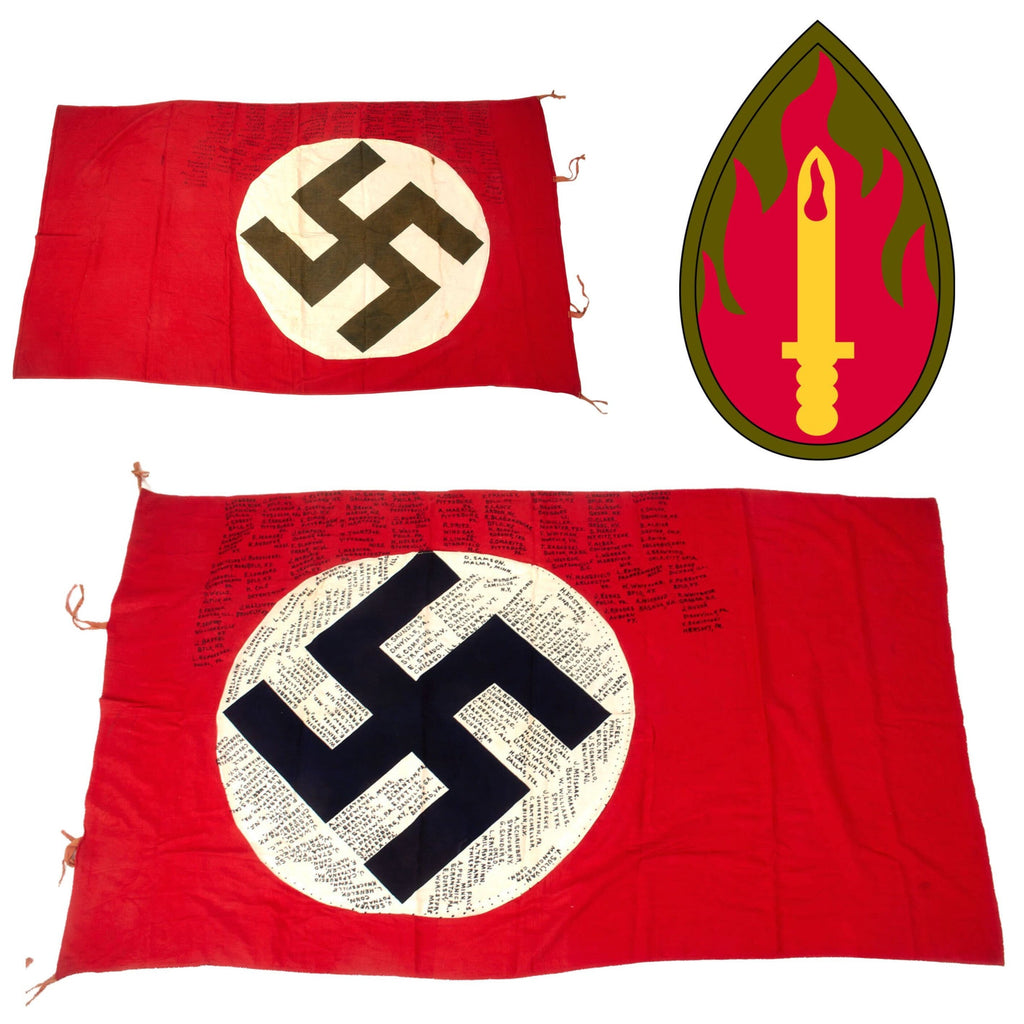 Original U.S. WWII Outstanding 63rd “Blood and Fire” Infantry Division Captured German Banner Signed by 158 Soldiers - Several Men of 255th Infantry Regiment - 33 x 58” Original Items