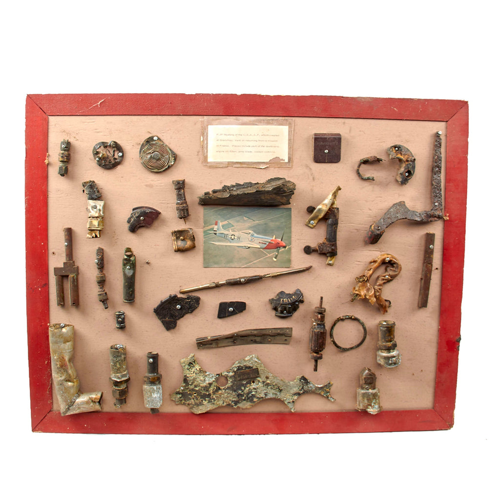 Original U.S. WWII P-51 Mustang Relic Board with 31 Pieces of P-51 Crashed in Brenchley, Kent, England upon Returning from Mission in France - 24 x 29¾” Original Items