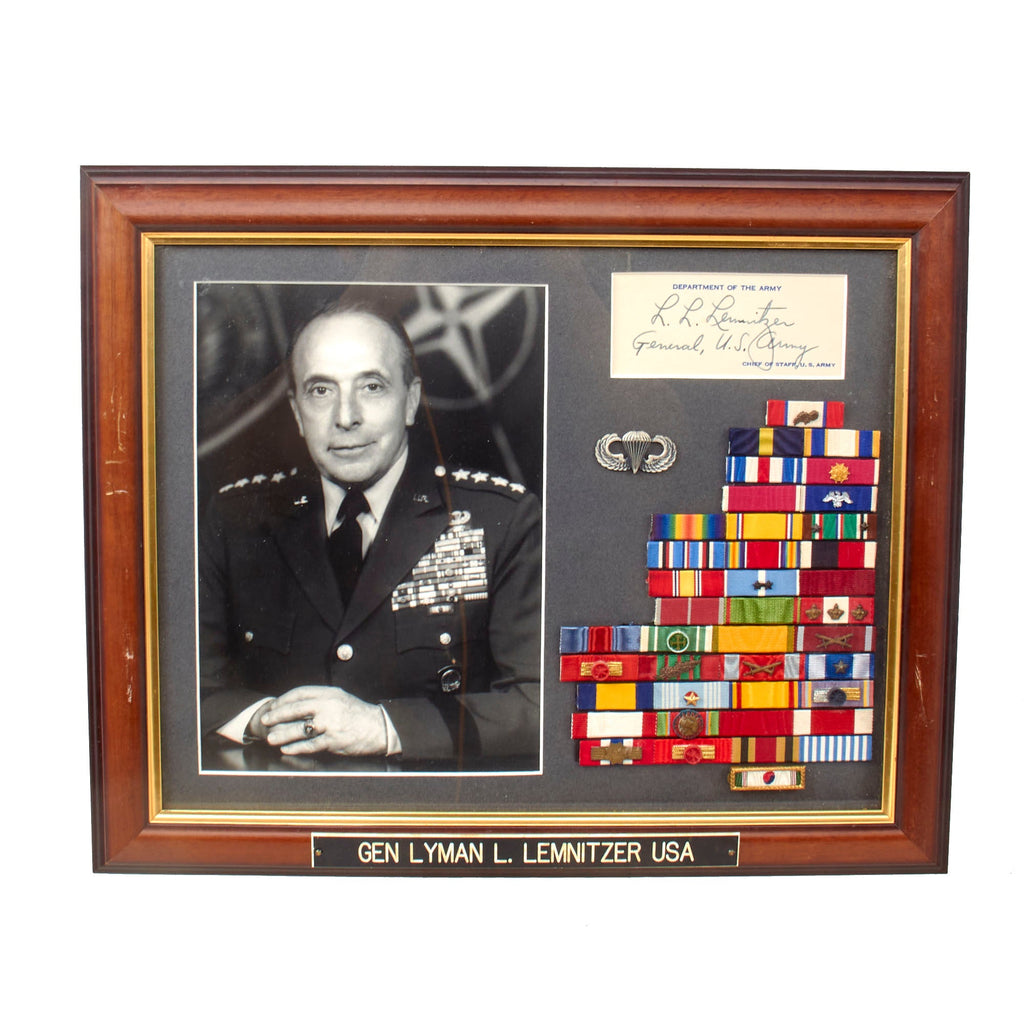 Original U.S. WWII General Lyman L. Lemnitzer Framed Signature & Ribbon Bar with Paratrooper Wings - 13½ x 16½” Original Items