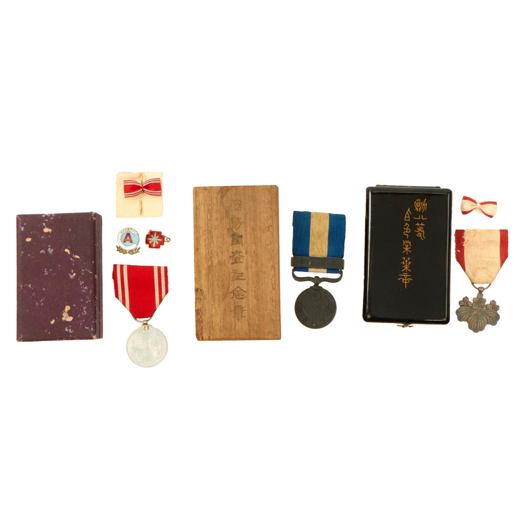 Original Japanese WWI & WWII Lot of Three Medals in Original Boxes - Siege of Tsingtao Medal, Red Cross Medal, Order of the Rising Sun 8th Class Original Items