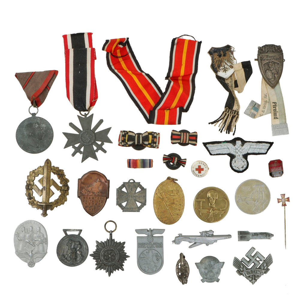 Original German WWI - WWII Medal, Tinnie, and Insignia Lot Featuring KvKII with Swords and Sports Team Badge - 28 Items Original Items
