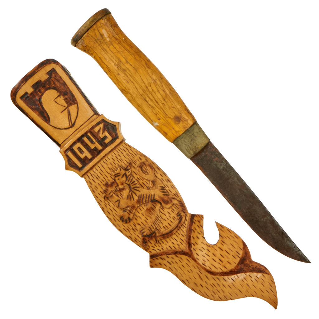 Original German Finnish WWII Puukko Souvenir Knife with Carved Wooden Scabbard Original Items