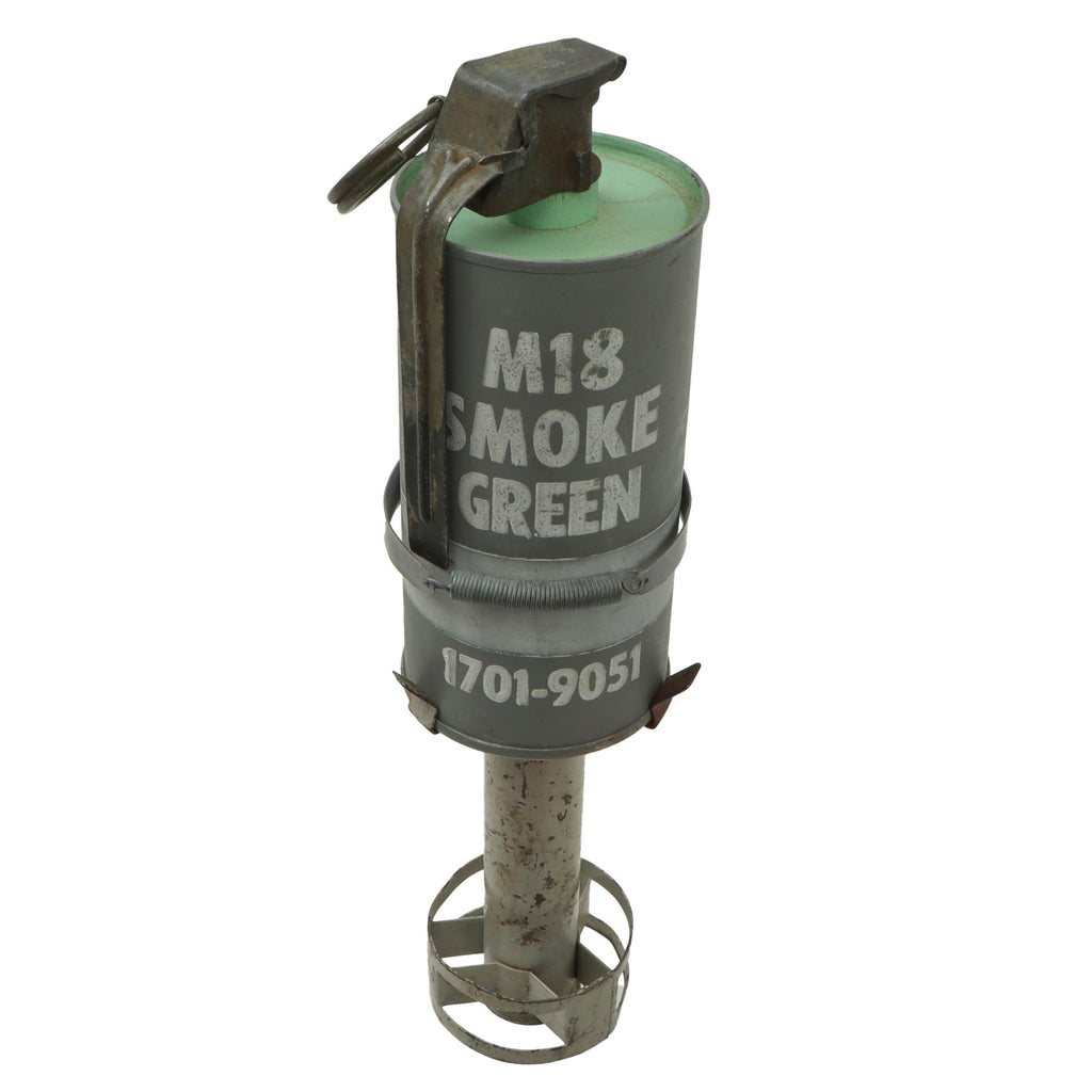 Original U.S. Vietnam War Era Inert Green M18 Smoke Grenade With M200A1 Fuze and Grenade Launcher Adapter Original Items