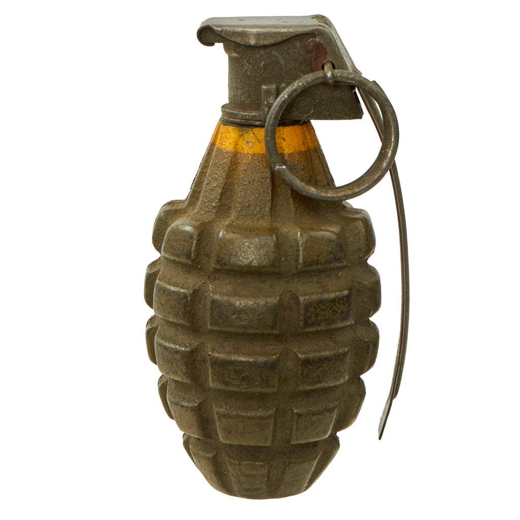 Original U.S. WWII Inert MkII Pineapple Grenade with Yellow Ring with Correct Fuze with Worn-Away Markings - Great Paint Original Items